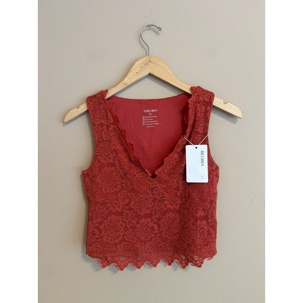 REORIA Women Rust Red Floral Lace V Neck Sleeveless Crop Top Tank Small NWT